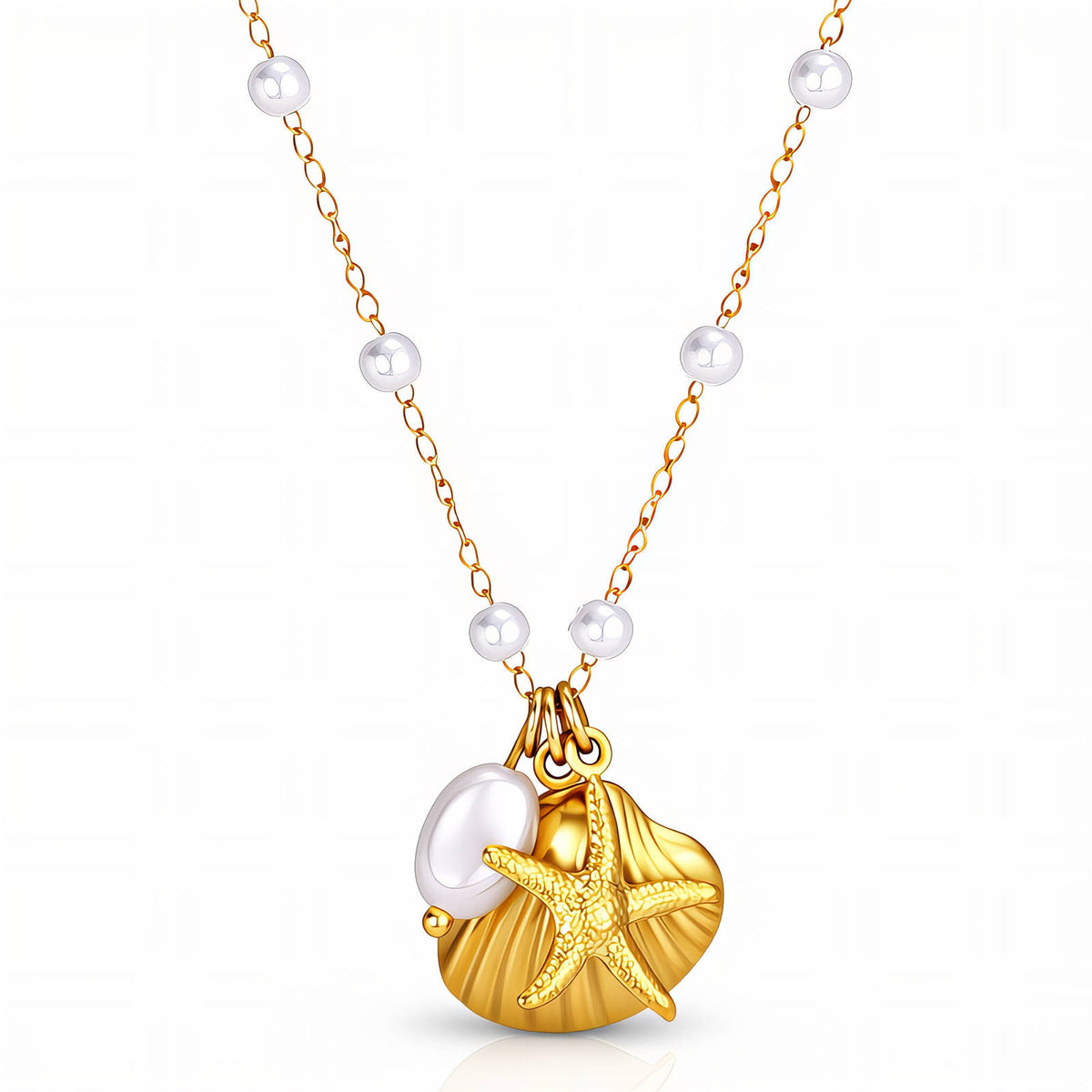 "STARFISH AND SEASHELL" PVD GOLD-PLATED STEEL NECKLACE